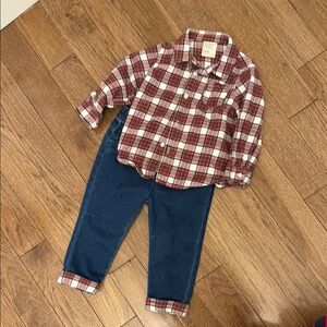 Plaid Shirt and Denim Pants Set
